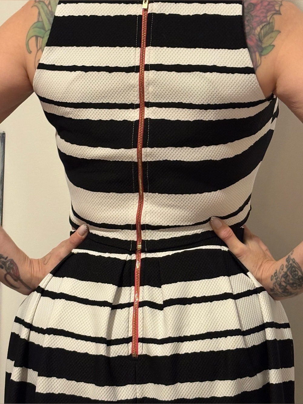 Black and White Striped Fit-and-Flare 2 piece with accent pink back Zip